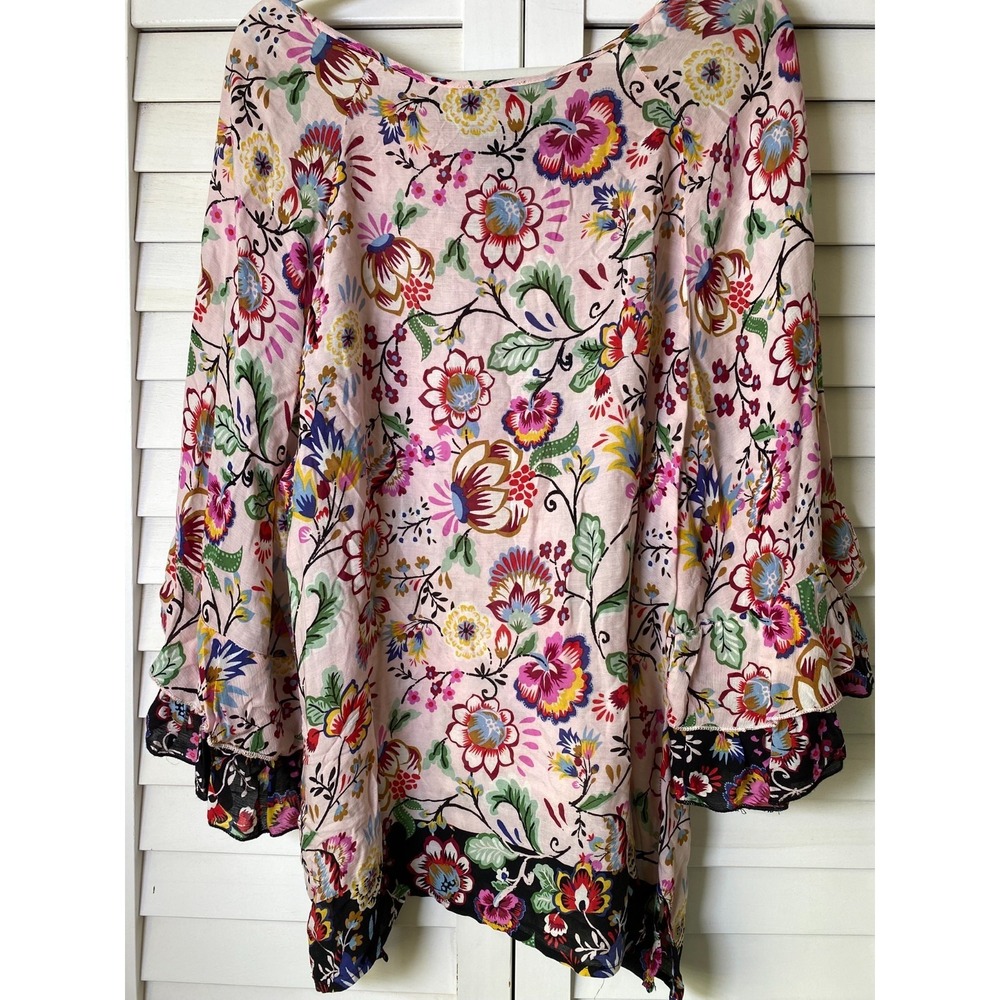 DEMOCRACY Boho Floral Lace Up Blouse Womens Ruffle Sleeve Feminine Light | XL - Picture 3 of 4